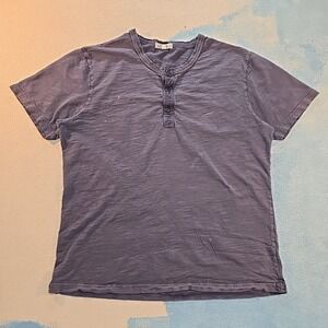 ALEX MILL Mens L Short Sleeve Henley Shirt Indigo Slub Cotton 3 Button Placket